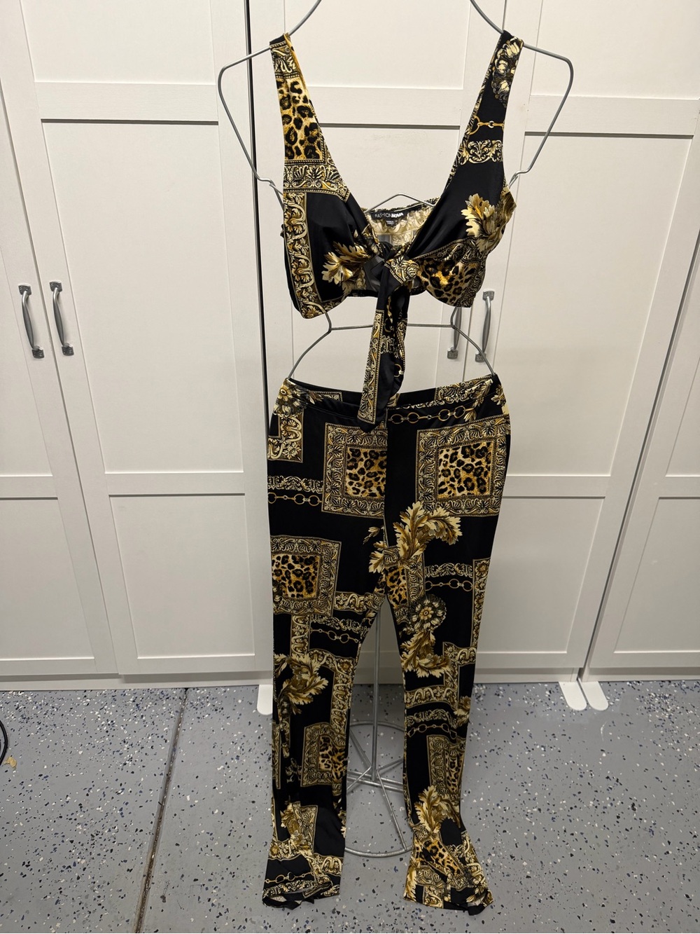 Fashion Nova Black & Gold Baroque Print Boot Flare Jumpsuit